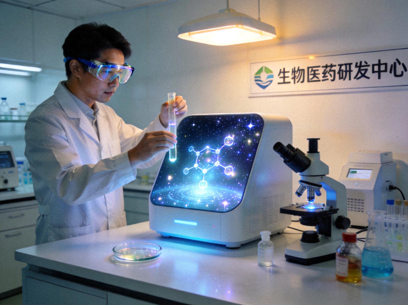 生物医药实验室中，科研人员借助星空仪器进行药物研发